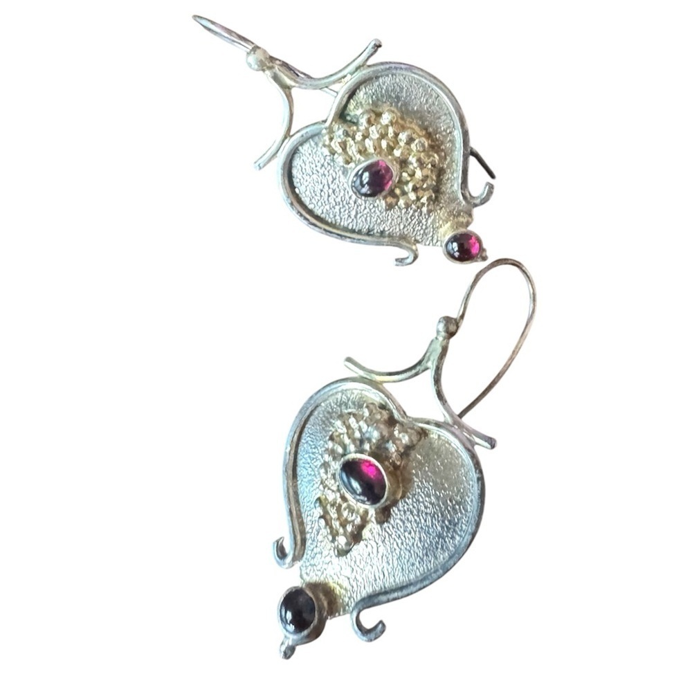 Vintage Bezel Set Garnet Gemstone Cabochons Earrings 925 Silver